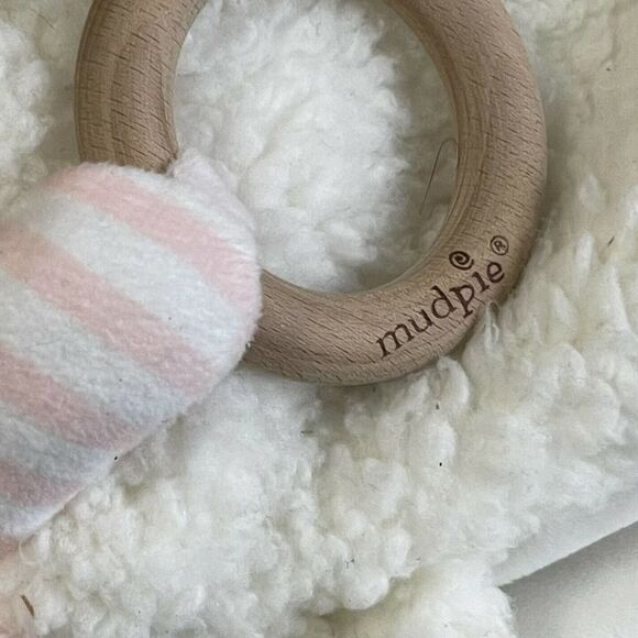Mud Pie Lovey Pink Hippo Sherpa Wood Ring Baby Comfort Toy Blanket Cozy Plush - Picture 6 of 7